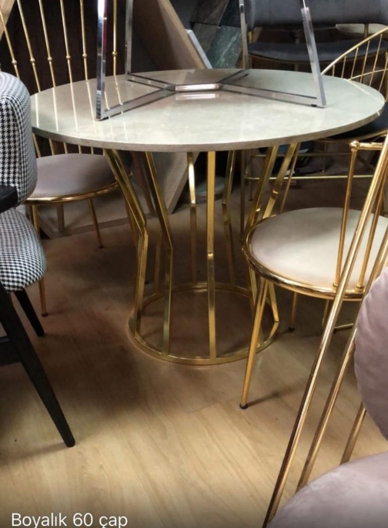 55 Çap Masa Metal Gold Ayaklı Temperli Cam Masa İnci